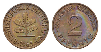 ФРГ 2 пфеннига 1965 F KM 106, J. 381 бронза 211-847