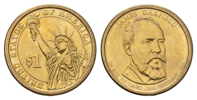 США 1 доллар 2011 D, Президент США - Джеймс Гарфилд (1881) KM 502 медь с марганцево-латунным покрытием UNC 4698-936