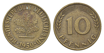 ФРГ 10 пфеннигов 1950 F KM 108, J. 383 сталь плакированная латунью 4684-242