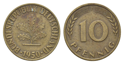 ФРГ 10 пфеннигов 1950 F KM 108, J. 383 сталь плакированная латунью 4684-242