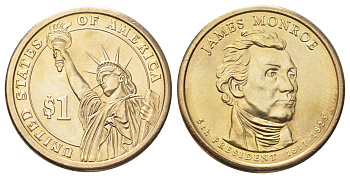 США 1 доллар 2008 D, Президент США - Джеймс Монро (1817-1825) KM 426 медь с марганцево-латунным покрытием UNC 4695-913
