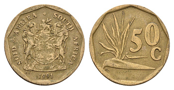 ЮАР 50 центов 1991 Зантедеския Эллиота (калла), герб KM 137 сталь плакированная бронзой 4687-669