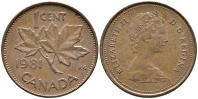 Канада 1 цент 1981 Елизавета II (1952-2022), кленовый лист KM 127 бронза 4528-748