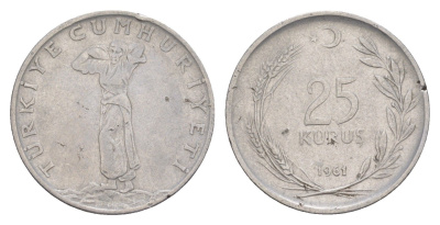 Турция 25 курушей 1961 KM 892.2 нержавеющая сталь 4648-655