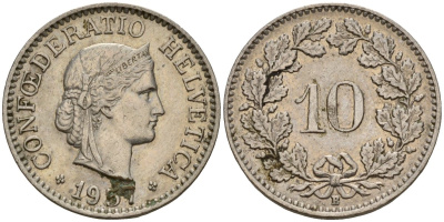 Швейцария 10 раппенов 1957 B KM 27 медно-никель 4189-349