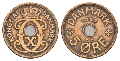 Дания 5 эре 1928 N, Кристиан X (1912-1947) KM 828 бронза 4700-821