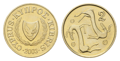 Кипр 2 цента 2003 KM 54.3 никель латунь UNC 4158-466