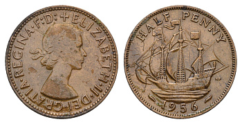 Великобритания 1/2 пенни 1956 Елизавета II (1952-2022) KM 896, Spink 4158 бронза 94-322