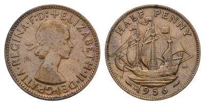 Великобритания 1/2 пенни 1956 Елизавета II (1952-2022) KM 896, Spink 4158 бронза 94-322