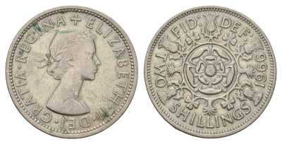 Великобритания 2 шиллинга (флорин) 1966 Елизавета II (1952-2022) KM 906, Spink 4146 медно-никель 4183-631