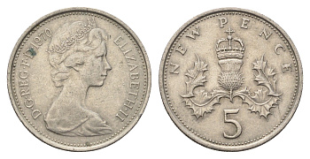 Великобритания 5 пенсов 1970 Елизавета II (1952-2022) KM 911, Spink 4233 (D1) медно-никель 4635-121