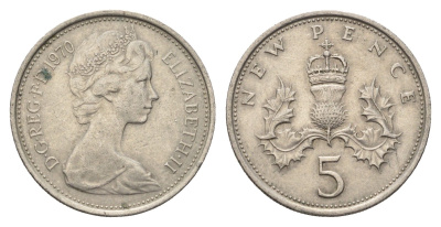 Великобритания 5 пенсов 1970 Елизавета II (1952-2022) KM 911, Spink 4233 (D1) медно-никель 4635-121