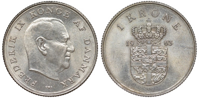 Дания 1 крона 1963 Фредерик IX (1947-1972) KM 851 медно-никель 4165-723