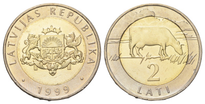 Латвия 2 лата 1999 корова KM 38 биметалл UNC 4654-744