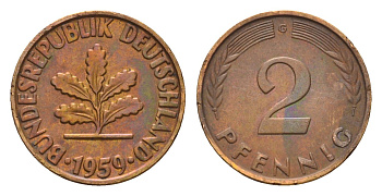 ФРГ 2 пфеннига 1959 G KM 106, J. 381 бронза 4532-651