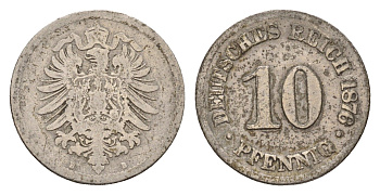 Германия 10 пфеннигов 1876 B, старогербовка KM 4, Jager 4, Weege 7 медно-никель 4669-447