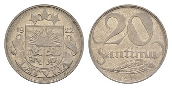 Латвия 20 сантимов 1922 год-тип KM 5 никель    4658-1248