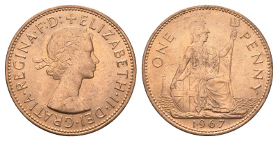 Великобритания 1 пенни 1967 Елизавета II (1952-2022) KM 897, Spink 4157 бронза UNC 4661-1012
