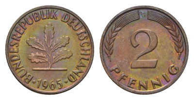 ФРГ 2 пфеннига 1965 G KM 106, J. 381 бронза 4136-545