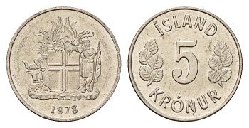Исландия 5 крон 1978 KM 18 медно-никель UNC 4687-912
