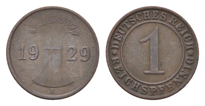 Германия 1 рейхспфенниг 1929 A KM 37, J.313 бронза 4684-1132