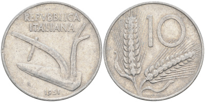 Италия 10 лир 1951 R, плуг KM 93 алюминий    4595-143