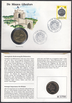 Гибралтар 10 пенсов 1990 в конверте с маркой (КПД - Конверт первого дня Гашения) KM 23.1 медно-никель UNC 9001-83