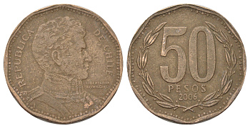 Чили 50 песо 2006 KM 219 алюминиевая бронза 4688-414