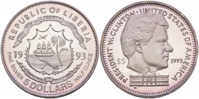 Либерия 5 долларов 1993 42 ой Президент США Билл Клинтон, 1/2 OZ KM 67 серебро PROOF 02-037-44