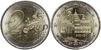 ФРГ 2 евро 2010 J, Бремен, городская ратуша и Роланд, серия Федеральные земли Германии KM 285 биметалл UNC 4112-321