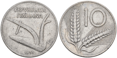 Италия 10 лир 1951 R, плуг, первый год KM 93 алюминий    4153-112