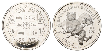 Непал 500 рупий 1992 Вымирающие виды - Красная панда KM 1090 серебро PROOF 11-073-42