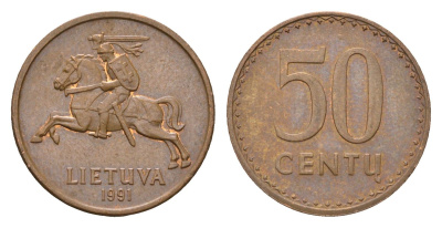 Литва 50 центов (сентов) 1991 год-тип KM 90 бронза 4689-1064