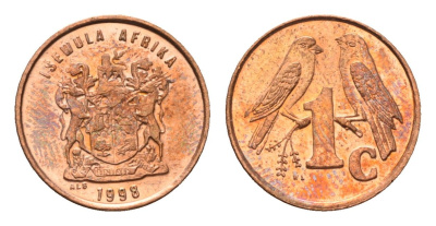 ЮАР 1 цент 1998 герб, капские воробьи KM 170 сталь плакированная медью UNC 4694-229