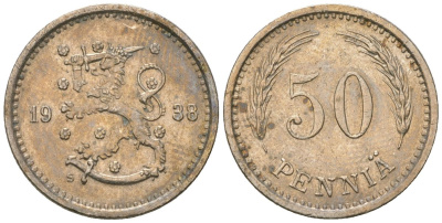 Финляндия 50 пенни 1938 S KM 26 медно-никель 4173-241