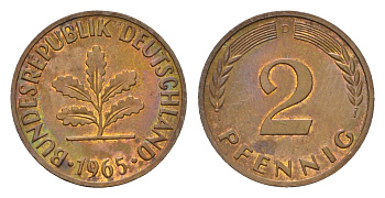 ФРГ 2 пфеннига 1965 D KM 106, J. 381 бронза 4549-443