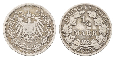 Германия 1/2 марки 1907 A KM 14, J. 17 серебро 4164-321