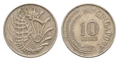 Сингапур 10 центов 1967 морской конек KM 3 медно-никель 4549-732