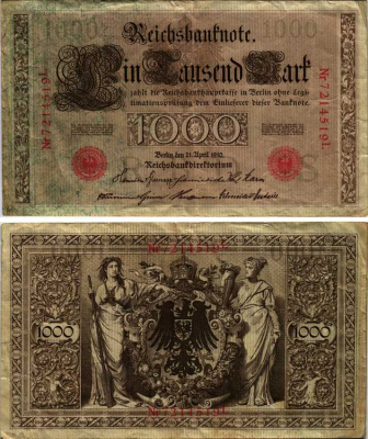 ГЕРМАНИЯ 1000 МАРОК 1910 КРАСНАЯ ПЕЧАТЬ, 7 ЦИФР В НОМЕРЕ Pick 44b бумага 6352-55-2-2