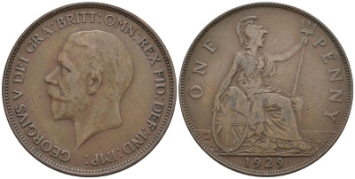 Великобритания 1 пенни 1929 Георг V (1910-1936) KM 838, Spink 4055 бронза 4607-1044