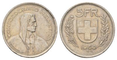 Швейцария 5 франков 1968 B KM 40a.1 медно-никель 4542-1241