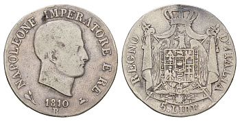 Италия 5 лир 1810 B, Наполеон (1805-1814) KM 10.3 серебро 413-124