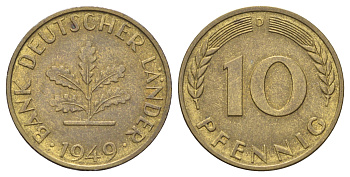 ФРГ 10 пфеннигов 1949 D KM 103, J. 378 сталь плакированная латунью 4697-555