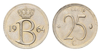 Бельгия 25 сантимов 1964 Belgie, Бодуэн I (1951-1993) KM 154.1 медно-никель UNC 4685-619