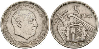 Испания 5 песет 1957 (58) Франсиско Франко (1939-1975) KM 786 медно-никель    4153-214
