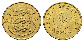 Эстония 1 крона 2008 90 лет Эстонской республике KM 44 латунь UNC 4688-721
