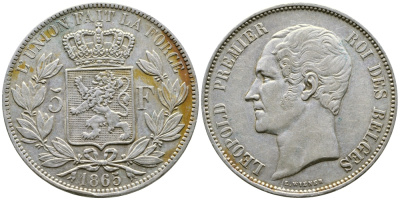 Бельгия 5 франков 1865 Леопольд I (1831-1865) KM 17 серебро 1066-20-65