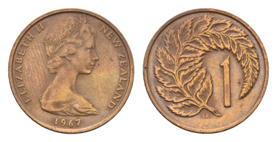 Новая Зеландия 1 цент 1967 Елизавета II (1952-2022), лист папоротника KM 31 бронза 4647-843