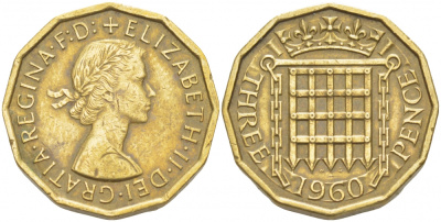 Великобритания 3 пенса 1960 Елизавета II (1952-2022) KM 900, Spink 4153 никель латунь 77-154