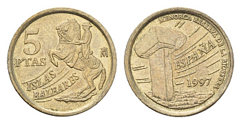 Испания 5 песет 1997 Хуан Карлос I (1975-2014), Балеарские острова, всадник KM 981 алюминиевая бронза 4685-1061